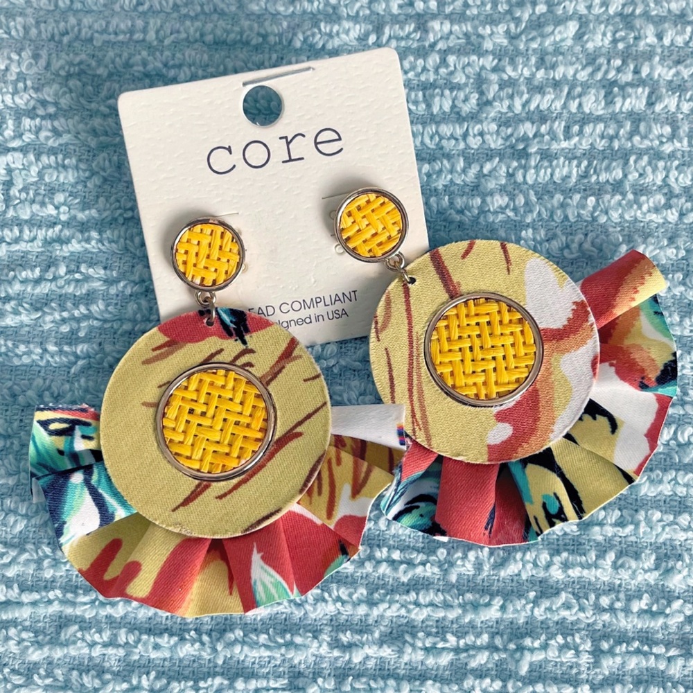 CORE Yellow Basket Weave & Fabric Stud Dangle Earrings NWT